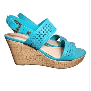 Liz Claiborne Wedge Sandals Kian Teal Blue Laser Cut Sz 6 Resortcore Whitelotus